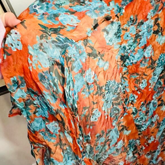 CAROLINE CONSTAS 100% Silk Orange Teal Floral Vivian V-Neckline Dress Size Large - Picture 15 of 16